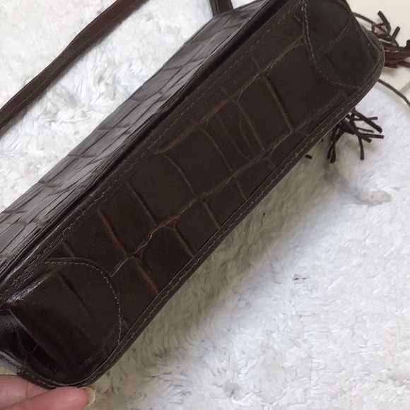 Brahmin brown leather shoulder bag croc print, adjust strap tassel, sz M Mint - Picture 12 of 13